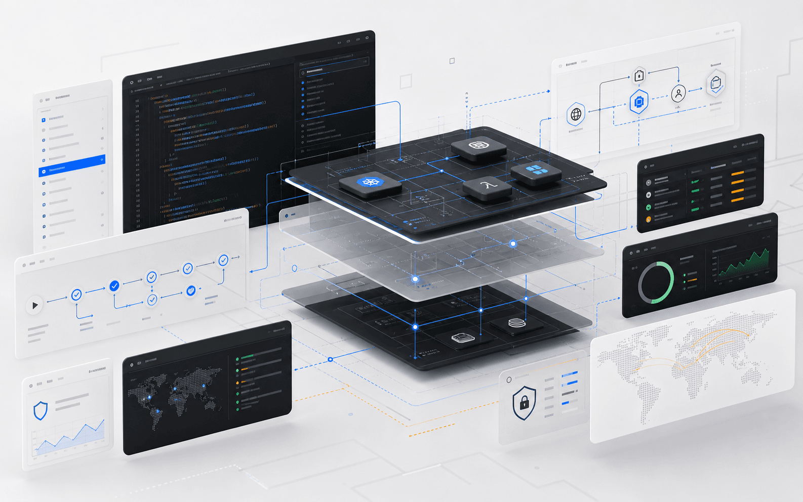 Abstract system architecture visual representing full-stack, DevOps, and security workflows